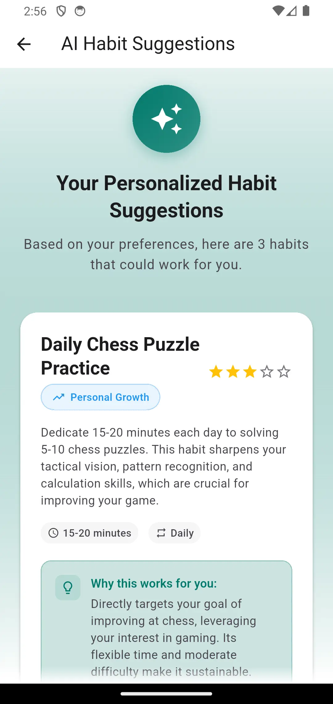 AI Habit Suggestions screen showing personalized habit recommendations with difficulty levels and time estimates