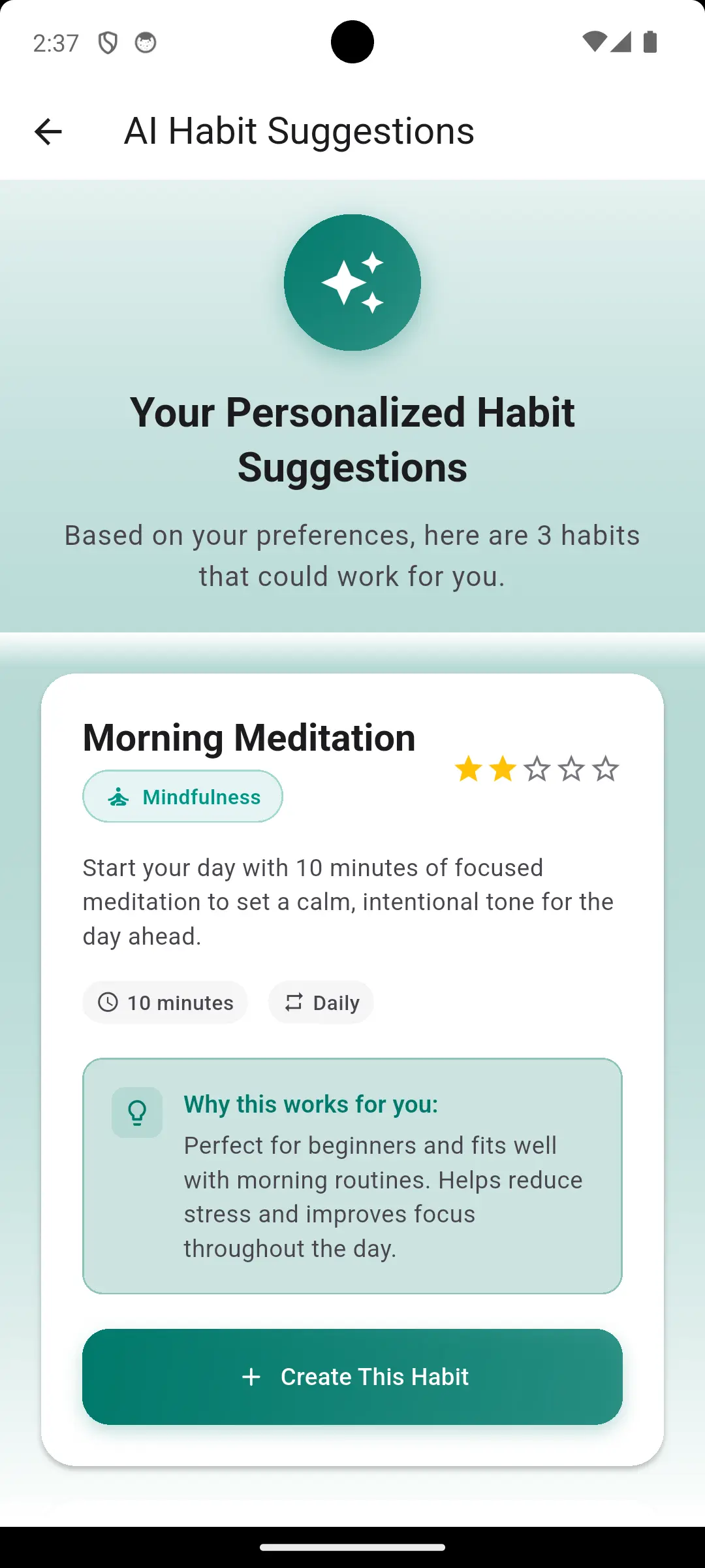 AI-powered habit suggestions interface with personalized recommendations