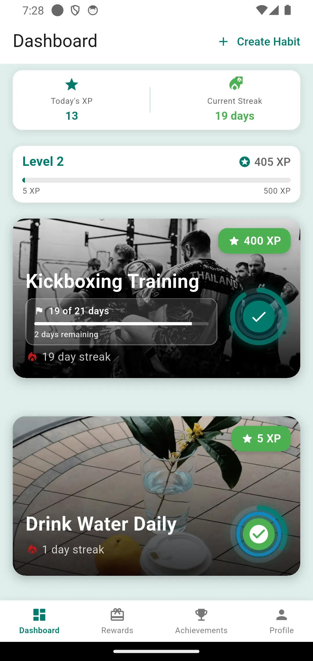 FlareHabit daily dashboard with habit list, streak indicators, and clean interface design