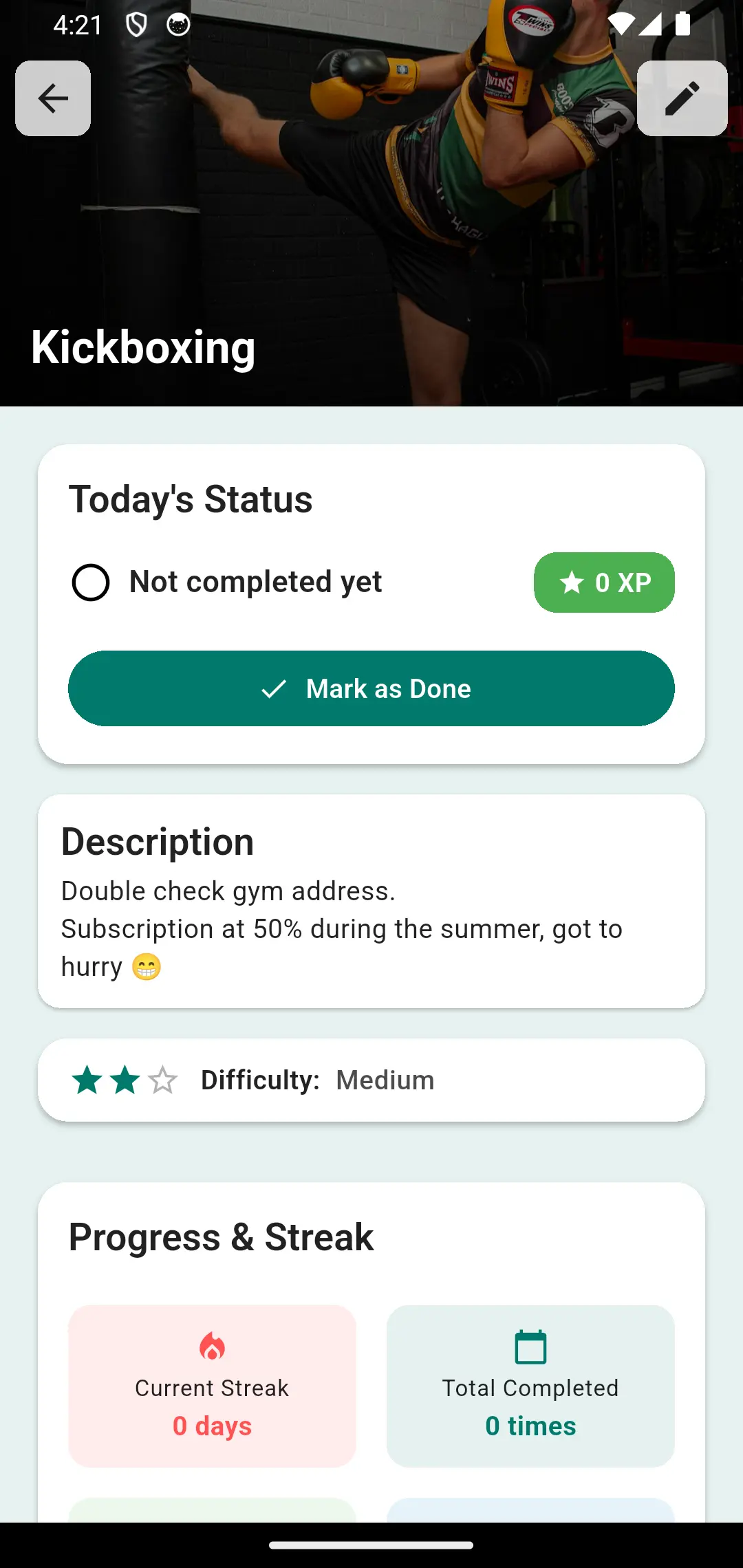 Detailed habit view showing progress tracking and statistics