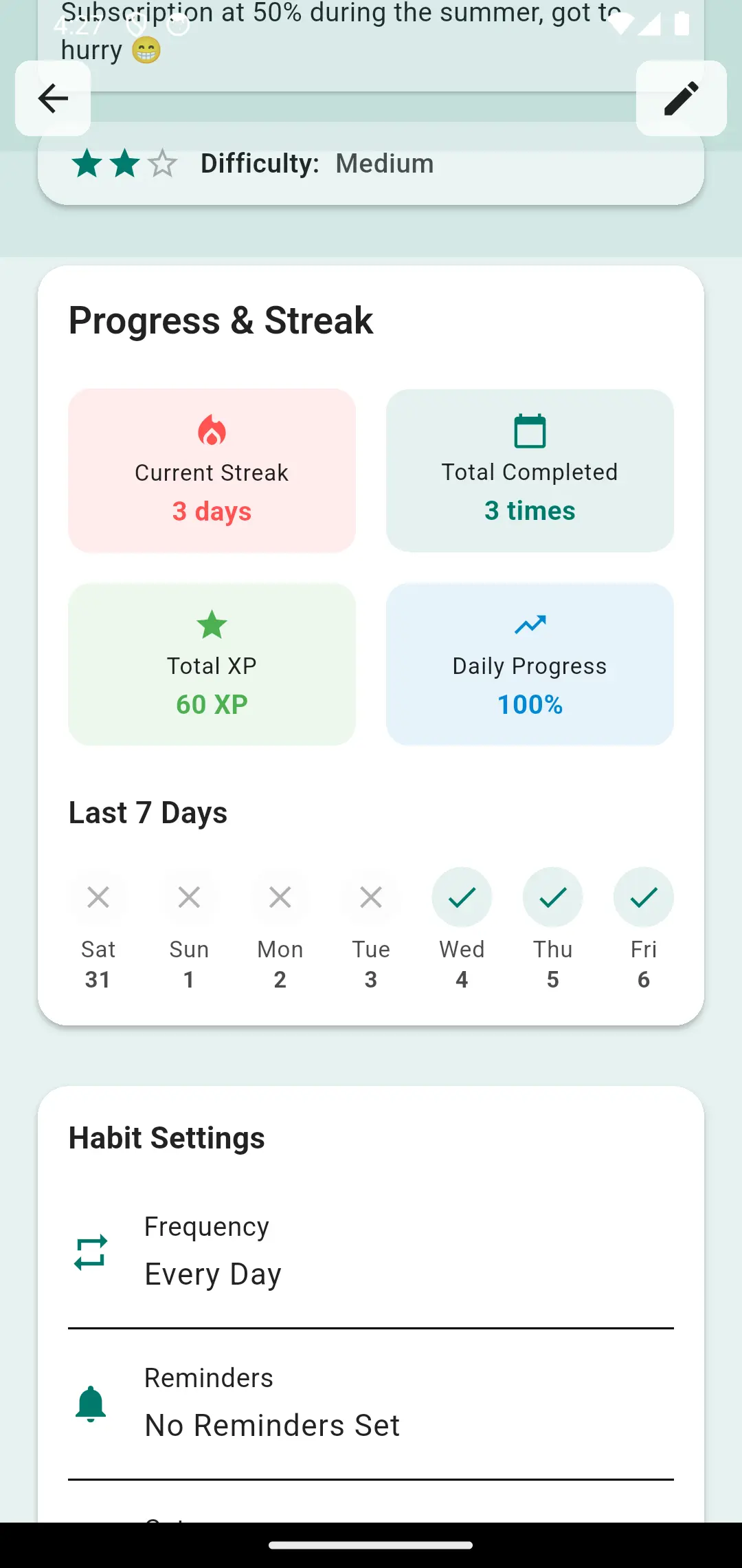 Weekly statistics dashboard with habit completion rates and progress charts