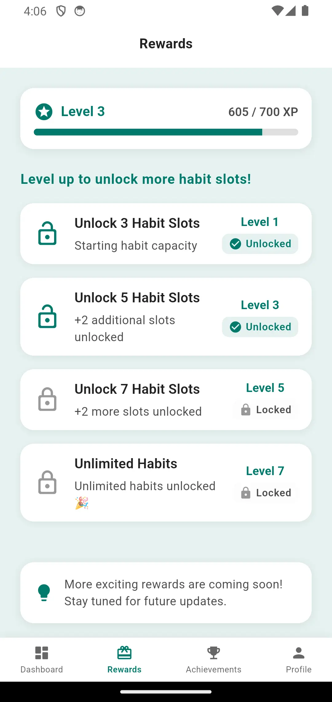 XP progression and level up screen showing experience points and character advancement